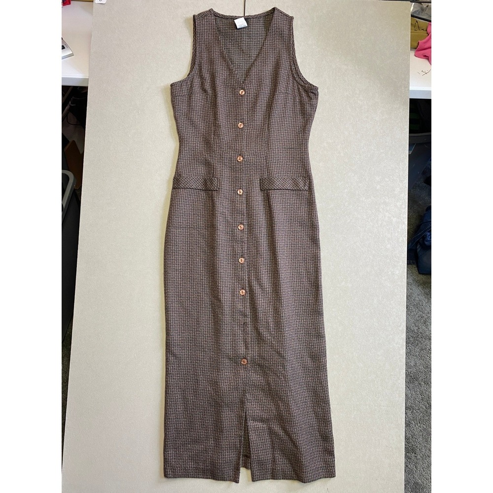 Vintage My Michelle Brown Plaid Button Front Maxi Dress Back Cinch Size 9/10